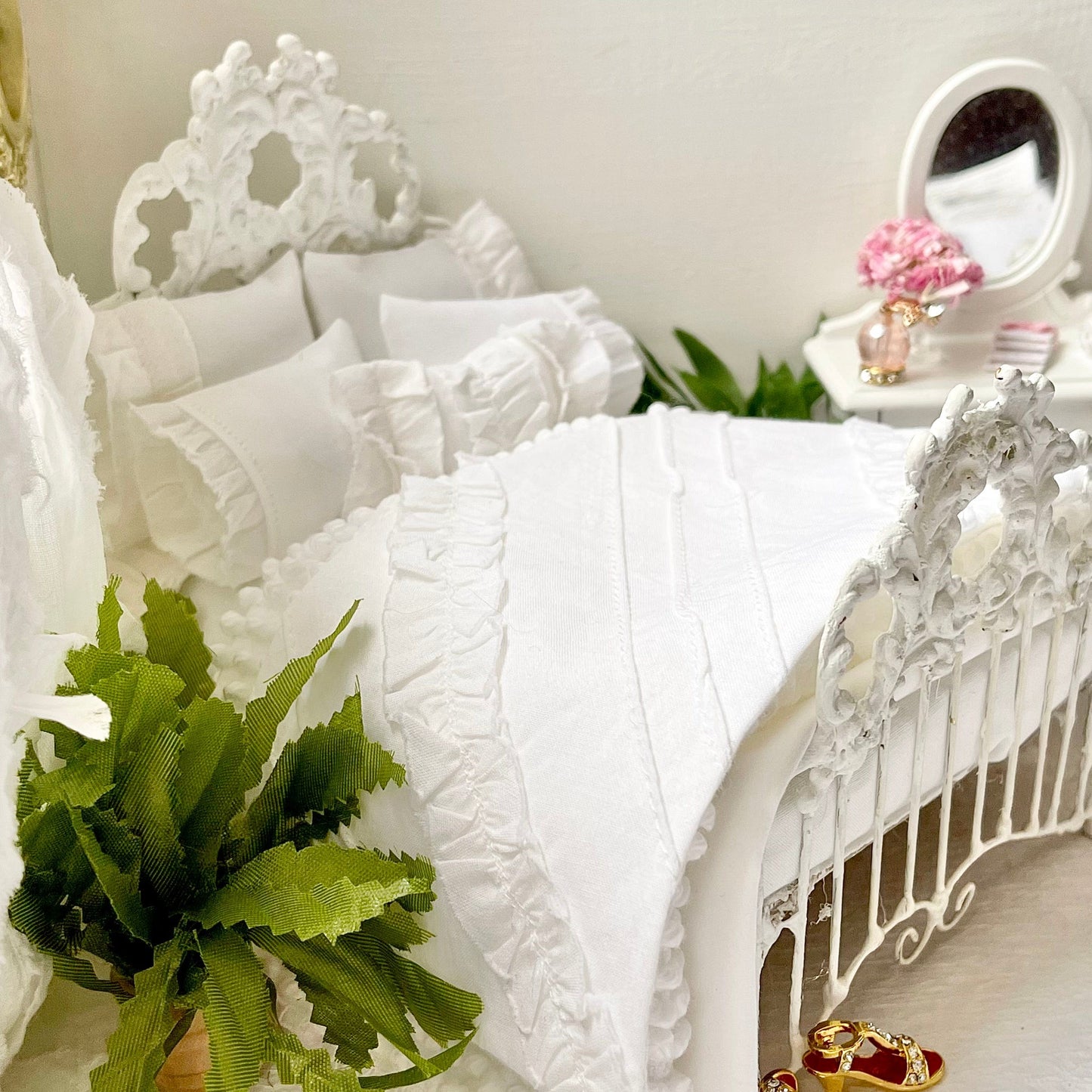 Chantallena White Bed Linens double Boundless White | Eight Piece White Cotton with White Ruffles and Pintucks Bedding Set | Ciara