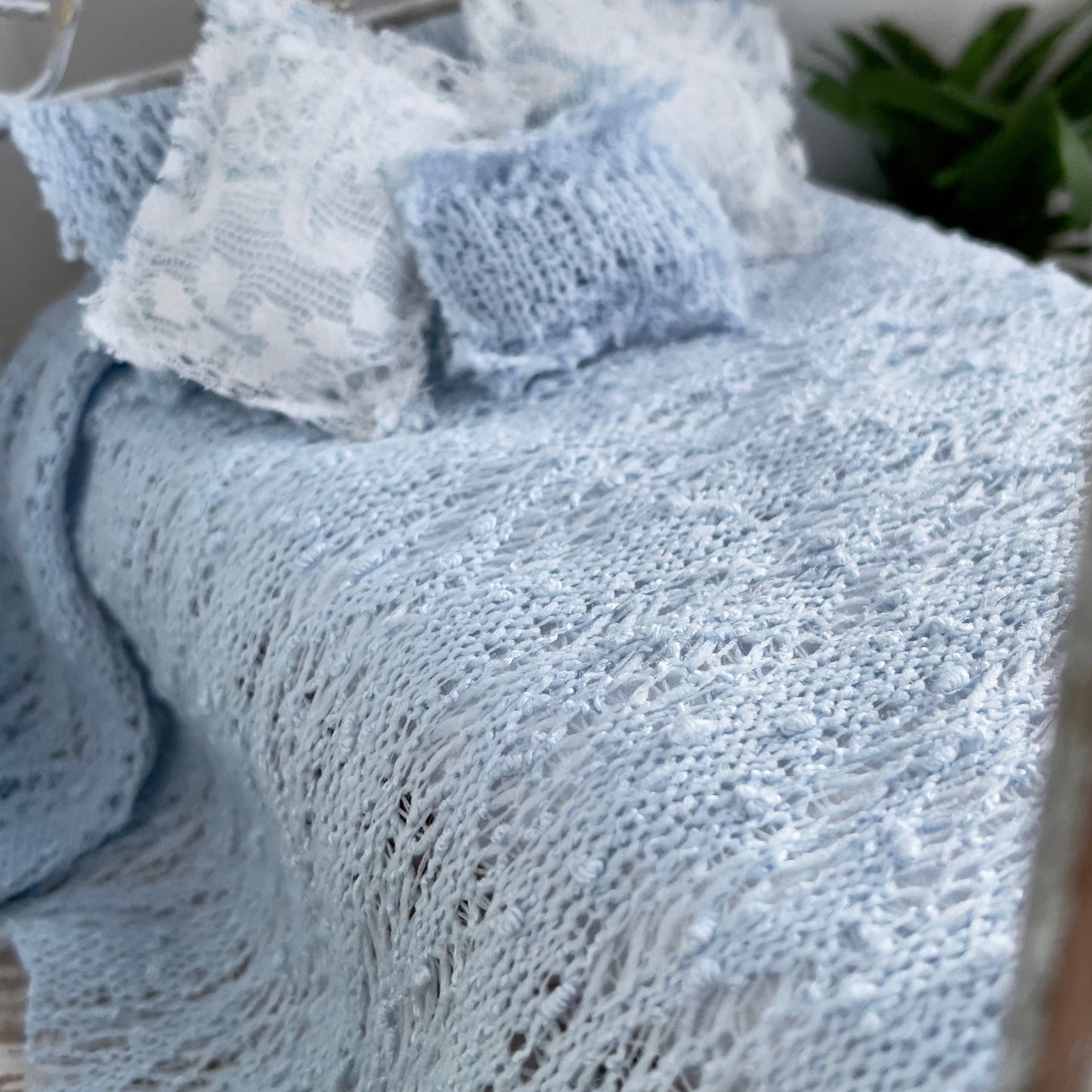 Chantallena White Bed Linens double Torn & Tattered- Five Piece French Blue Cotton Blend Knit Bedding Set | French Blue