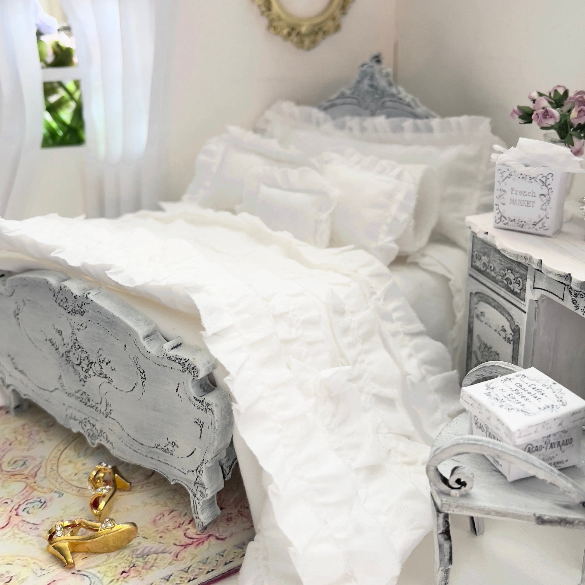 Chantallena White Bed Linens single Boundless White | Eight Piece White Cotton with White Ruffles and Pintucks Bedding Set | Ciara