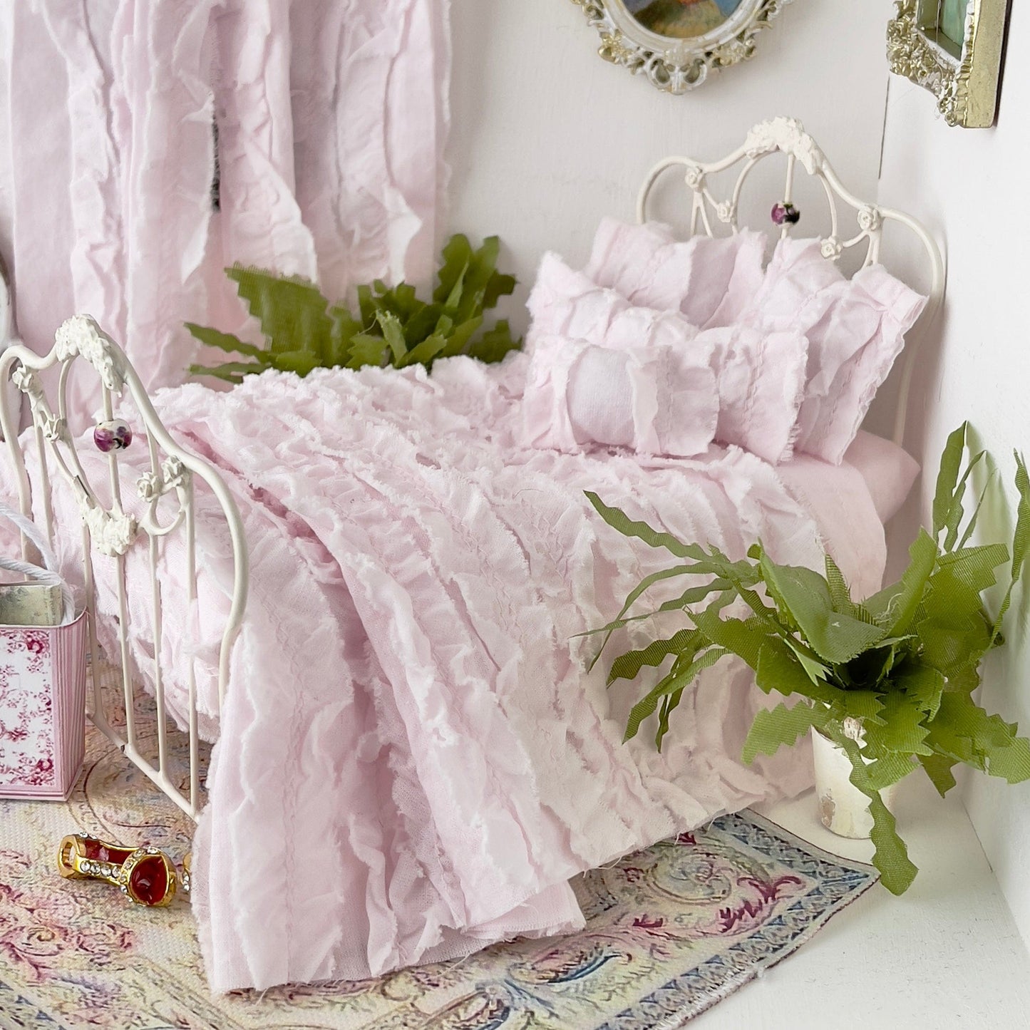 Chantallena White Bed Linens single/twin (10 in by 8 in) Tattered Romance |  Pink Cotton Lawn Distressed Ruffles Set | Emma