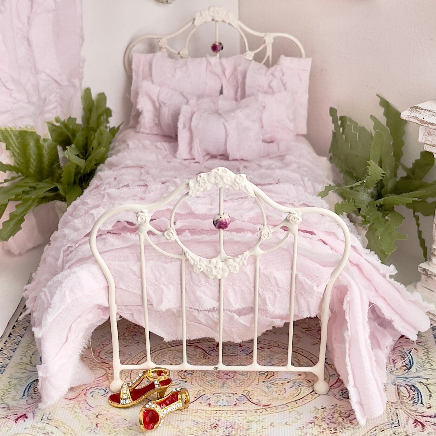Chantallena White Bed Linens Tattered Romance |  Pink Cotton Lawn Distressed Ruffles Set | Emma