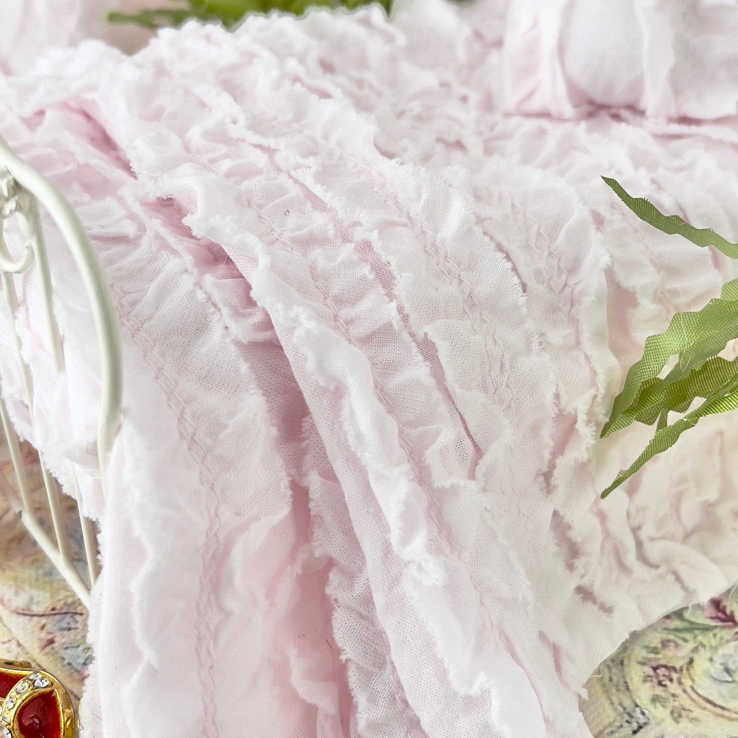 Chantallena White Bed Linens Tattered Romance |  Pink Cotton Lawn Distressed Ruffles Set | Emma