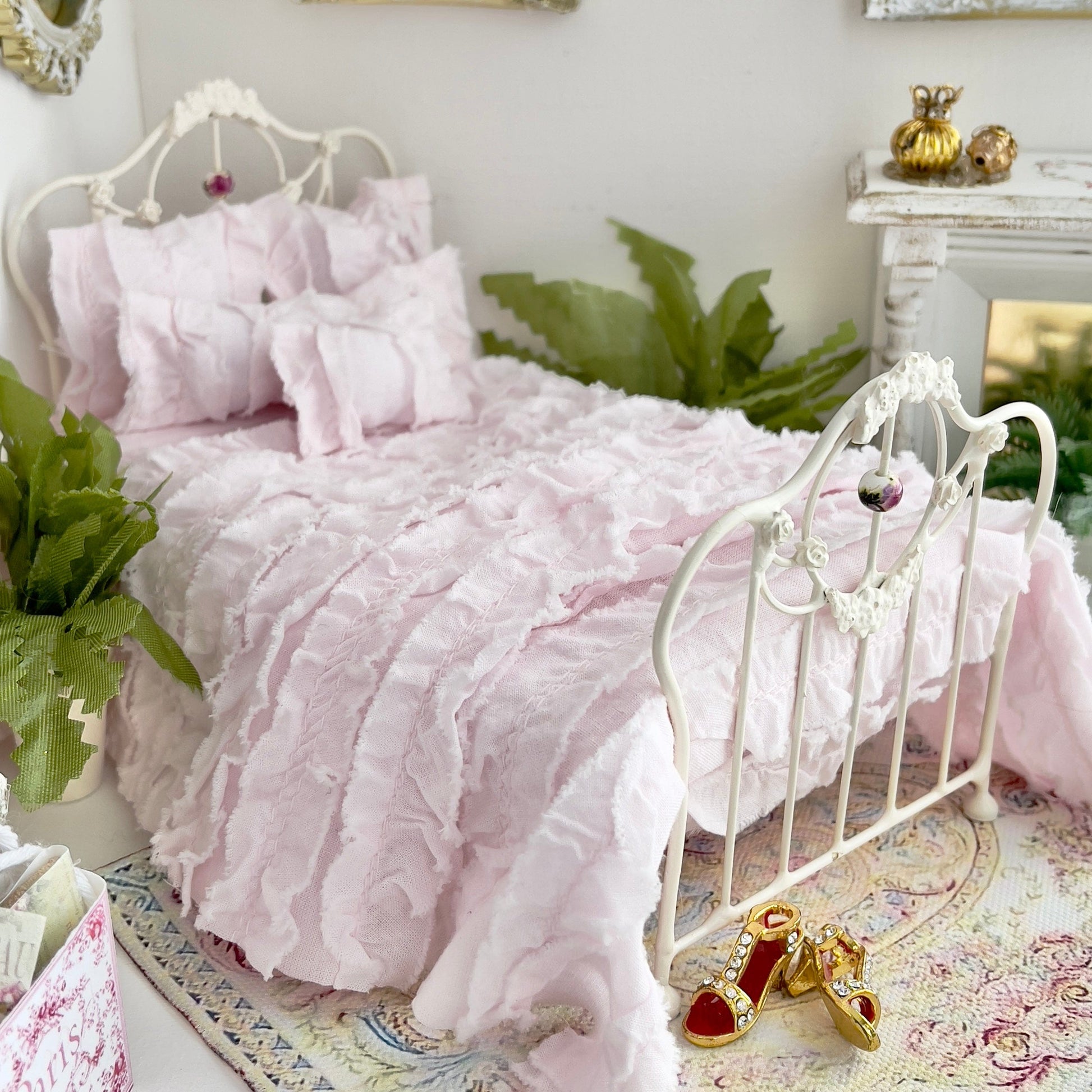 Chantallena White Bed Linens Tattered Romance |  Pink Cotton Lawn Distressed Ruffles Set | Emma
