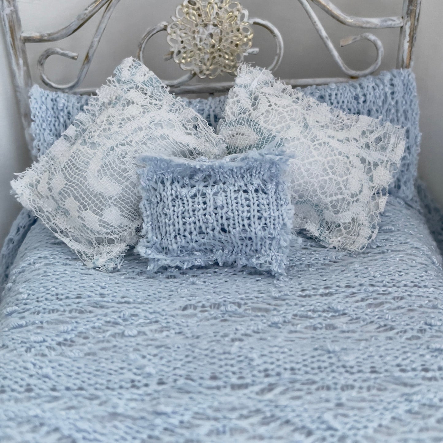Chantallena White Bed Linens Torn & Tattered- Five Piece French Blue Cotton Blend Knit Bedding Set | French Blue