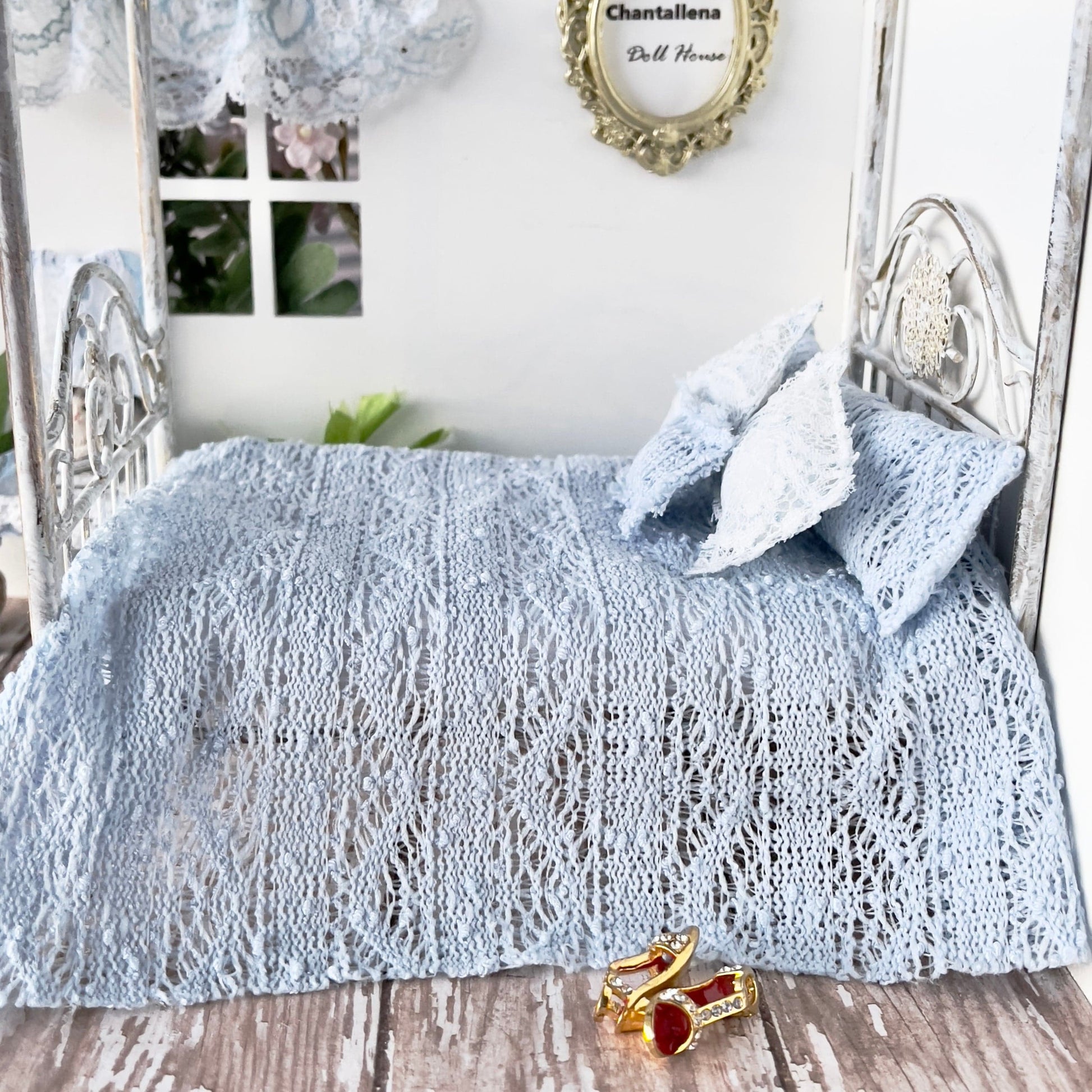 Chantallena White Bed Linens Torn & Tattered- Five Piece French Blue Cotton Blend Knit Bedding Set | French Blue