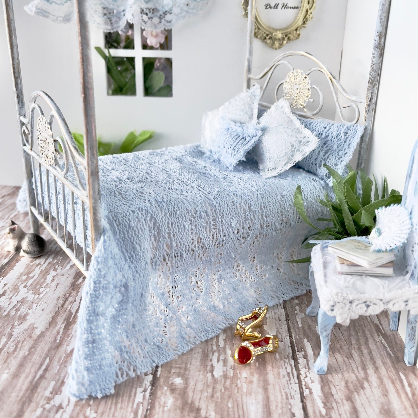 Chantallena White Bed Linens Torn & Tattered- Five Piece French Blue Cotton Blend Knit Bedding Set | French Blue