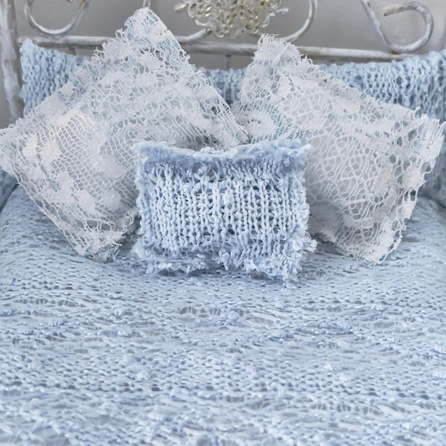 Chantallena White Bed Linens Torn & Tattered- Five Piece French Blue Cotton Blend Knit Bedding Set | French Blue