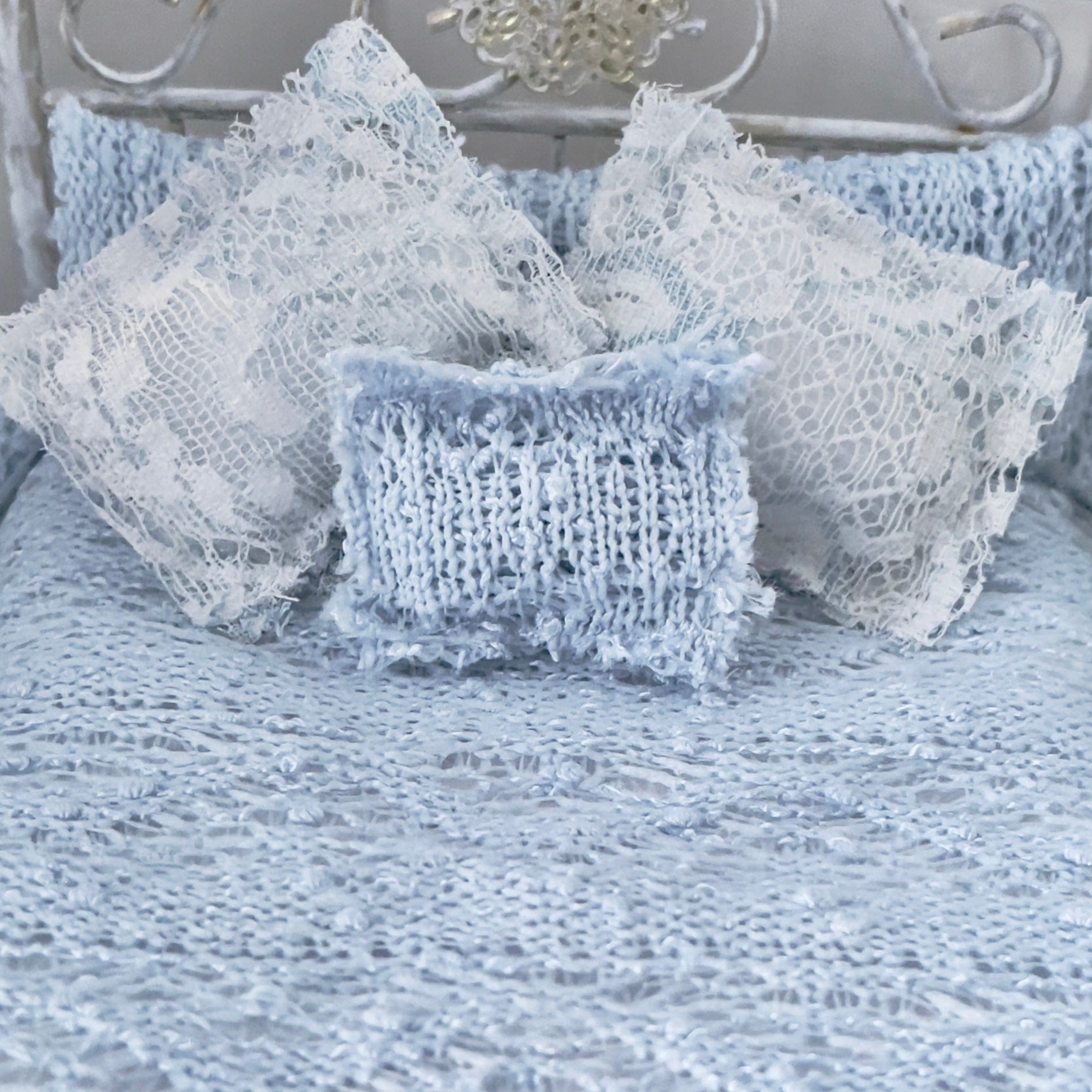 Chantallena White Bed Linens Torn & Tattered- Five Piece French Blue Cotton Blend Knit Bedding Set | French Blue