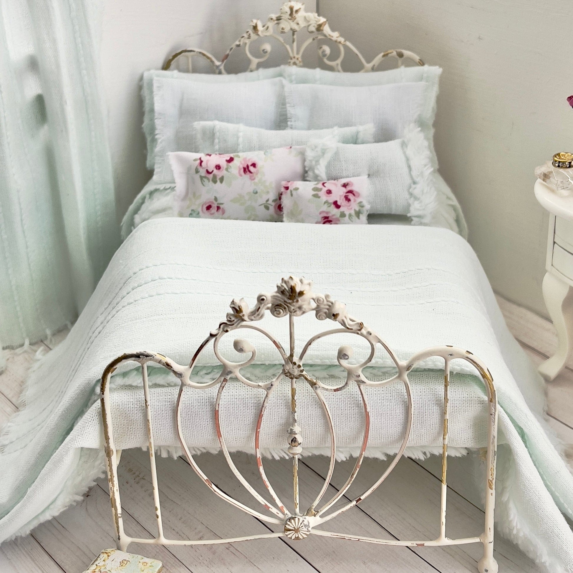 Chantallena White Bed Linens Torn & Tattered- Ten Piece Hand Frayed Pale Green Cotton Chenille Bedspread Set | Shawna
