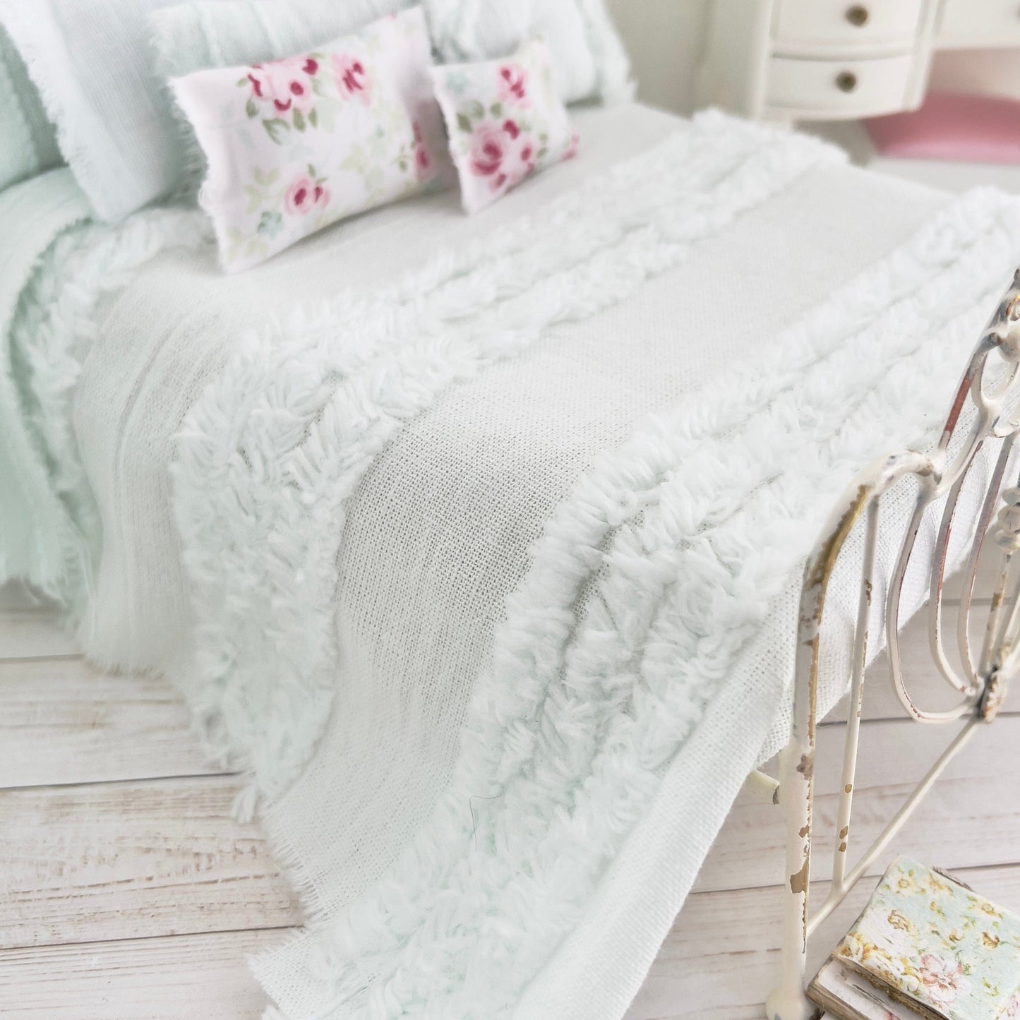 Chantallena White Bed Linens Torn & Tattered- Ten Piece Hand Frayed Pale Green Cotton Chenille Bedspread Set | Shawna